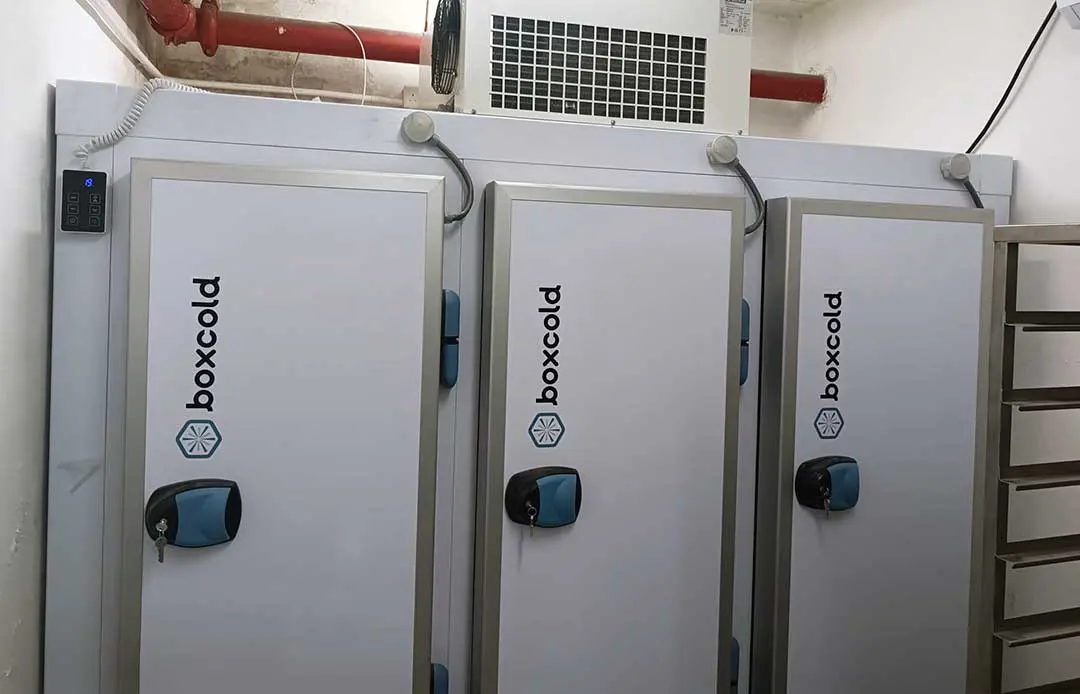 Three Boxcold modular refrigerated cabinet units installed side by side at The Flower Bar Café, Victoria, Gozo.