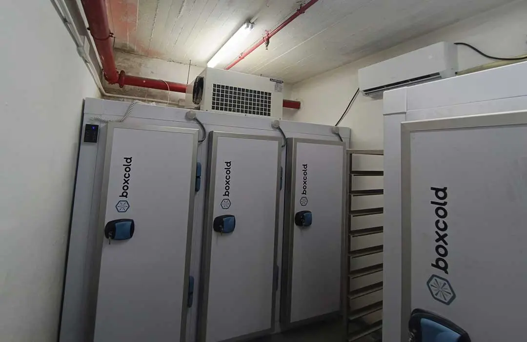 Boxcold modular refrigerated cabinet units at The Flower Bar Café, Victoria, Gozo, viewed from a second angle showing ceiling-mounted refrigeration unit.